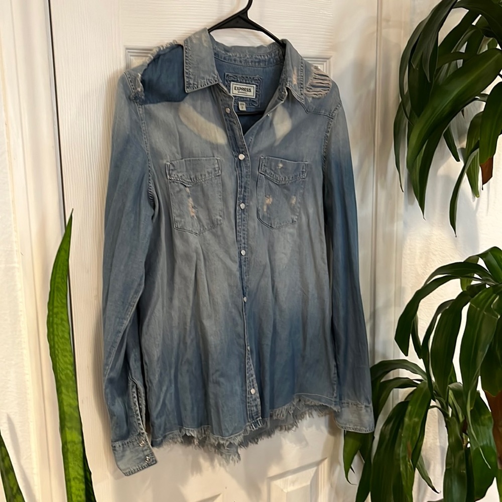 Express Distressed Light Blue Denim Button-Up Shirt